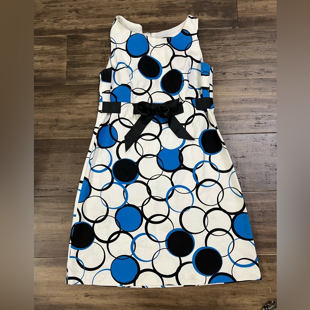 Ladies blue black and white sleeveless sheath dress with black bow sz 12 petite
